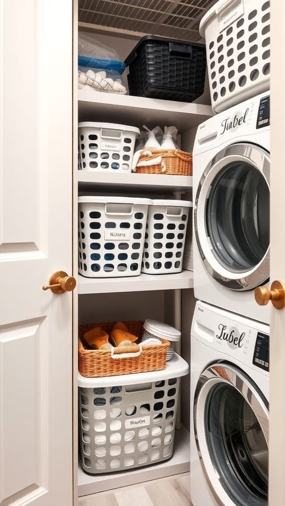 Organized laundry room with labeled baskets and bins
