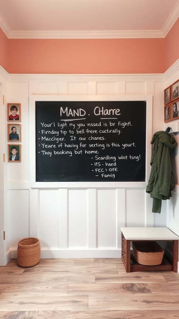 A mudroom with a chalkboard for messages, framed pictures, and storage baskets.