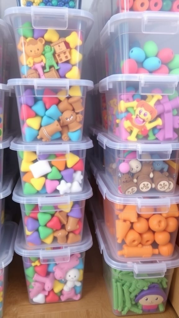 21 Creative Toy Storage Ideas for a Clutter-Free Playroom 8 Stack of clear plastic containers filled with colorful toys.