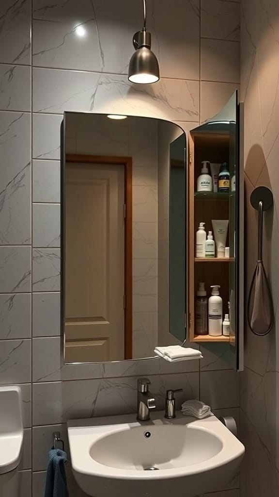 21 Clever Hidden Storage Ideas for a Clutter-Free Home 18 A bathroom mirror with a hidden storage cabinet behind it, showcasing neatly organized toiletries.