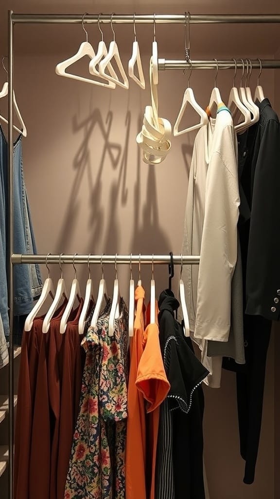 A multi-tiered hanger system displaying various clothing items in an organized manner.