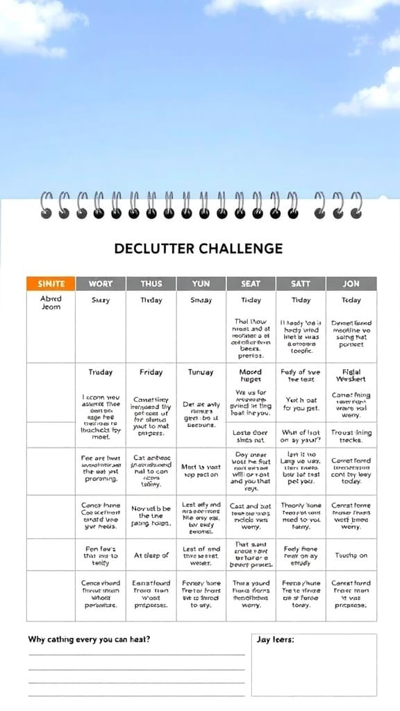 A calendar for a 30-day declutter challenge with daily tasks.