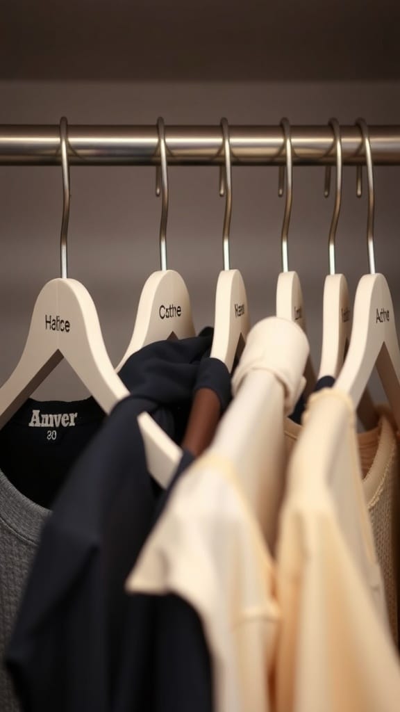 A row of labeled hangers in a closet, showing names for easy identification.