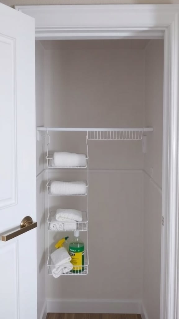 21 Brilliant Linen Closet Organizing Ideas for a Clutter-Free Home 2 A linen closet door with a hanging wire rack holding rolled towels and cleaning supplies.