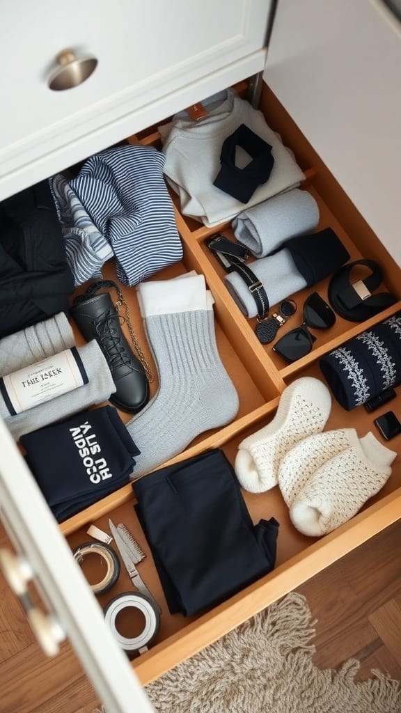 A neatly organized drawer filled with folded clothes and accessories, showcasing effective use of space.