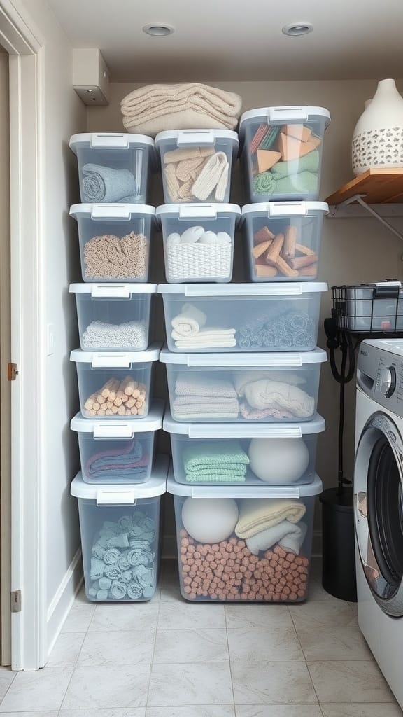 25 Creative Laundry Room Organizing Ideas to Maximize Space 15 Organized laundry room with clear containers stacked on shelves.