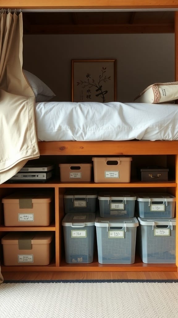 22 Creative Japanese Home Organization Ideas for a Clutter-Free Space 5 Under-bed storage with labeled bins and a raised bed.