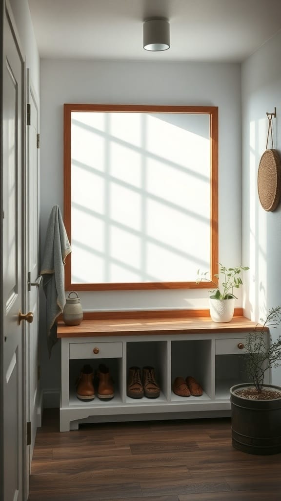 A mudroom with a large wooden-framed mirror, a bench, and plants, showcasing a bright and organized space.