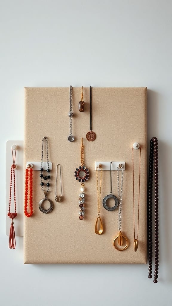 A magnetic jewelry board displaying various necklaces and pendants organized neatly.