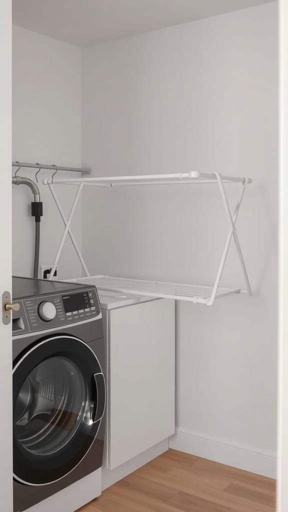 A small laundry room featuring a washing machine and a foldable drying rack.
