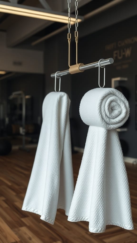 Tension rods holding neatly rolled and hanging towels in a gym setting.