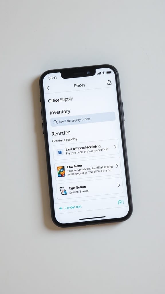 A smartphone displaying an office supply management app.