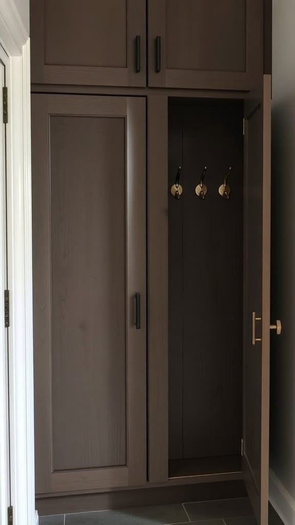 A modern mudroom cabinet with hooks installed on the inside of the doors.