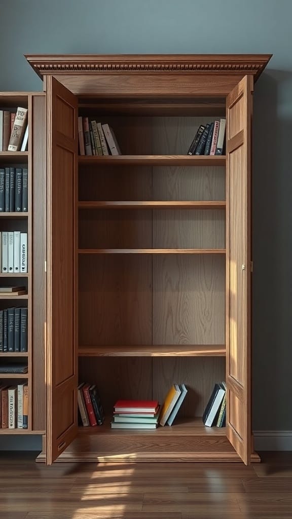 21 Clever Hidden Storage Ideas for a Clutter-Free Home 22 A wooden bookshelf with doors open, revealing empty shelves.