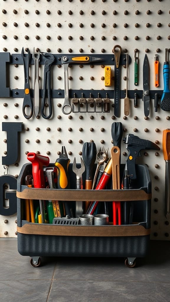 A caddy filled with various tools, with magnetic strips on the wall holding additional tools.