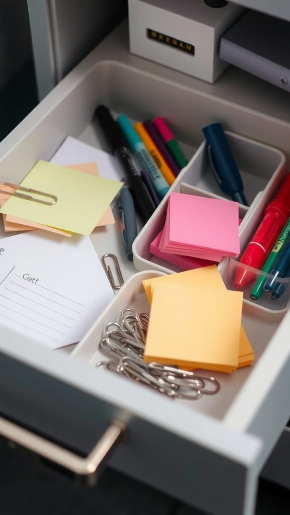 An organized office drawer with dividers holding sticky notes, pens, and paper clips.