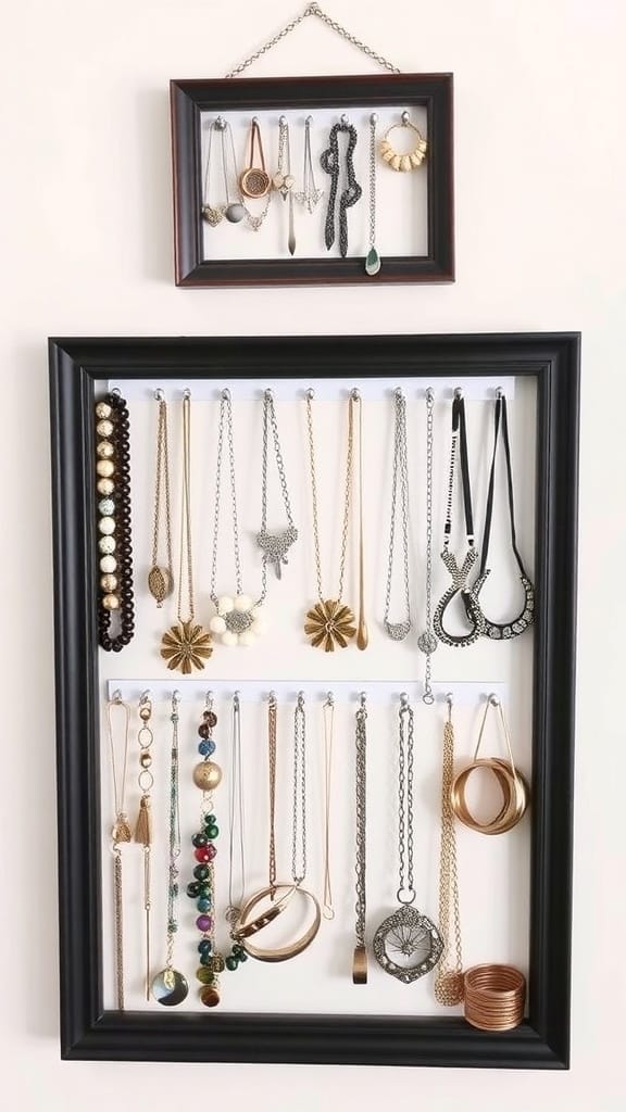DIY jewelry organizer made from picture frames displaying necklaces and earrings