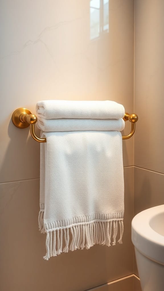 A stylish gold towel rack holding a neatly rolled white towel in a modern bathroom setting.