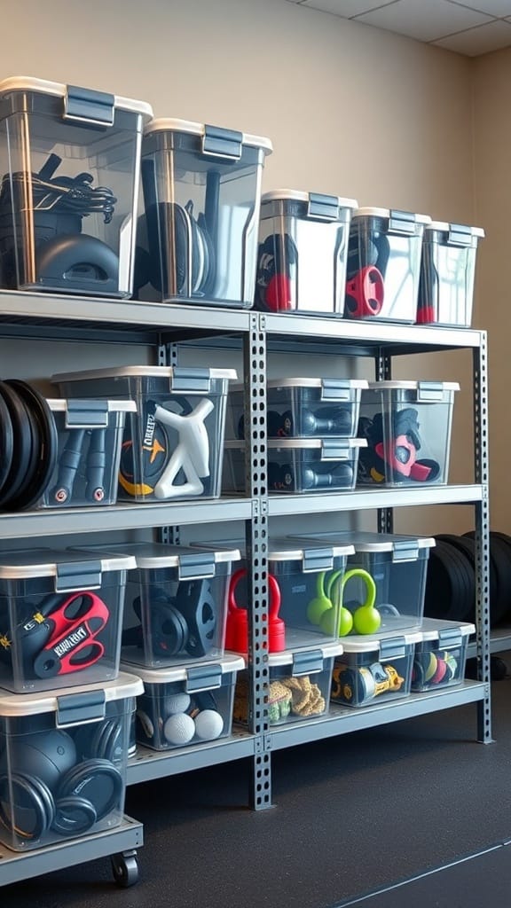 Organized gym room with clear containers on shelves holding various workout equipment.