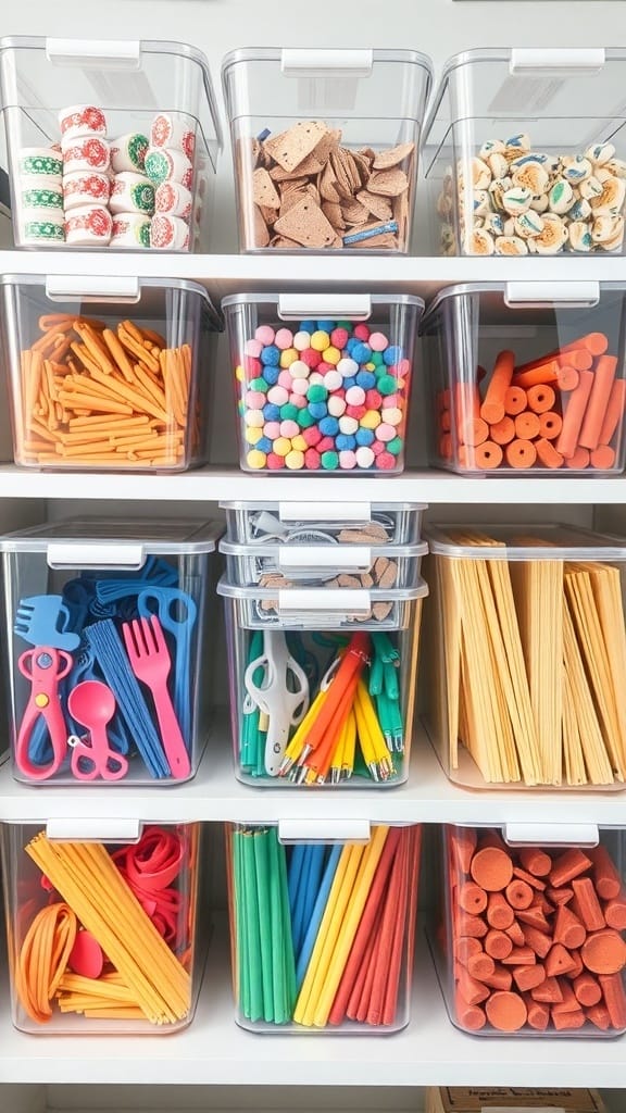 Dollar Store Organization Hacks That Actually Work: 23 Smart Storage Ideas 3 A shelf with clear bins filled with colorful craft supplies and snacks.