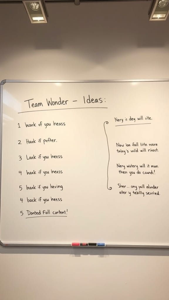A whiteboard with team collaboration ideas listed.