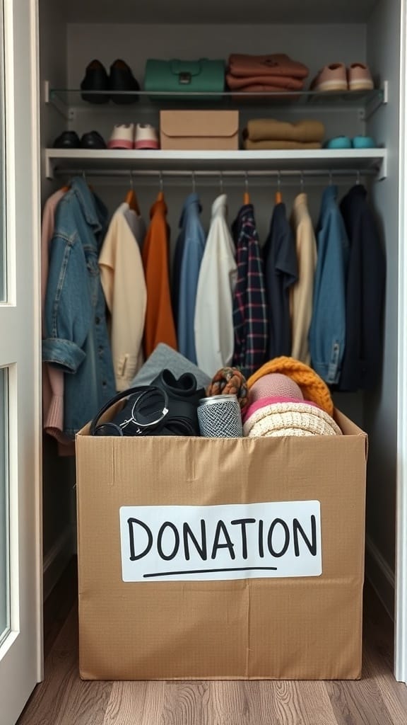 A cardboard donation box filled with clothes and accessories in a closet.