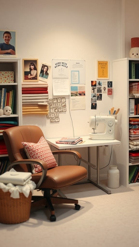 A cozy sewing nook featuring a sewing machine, organized fabrics, and personal decor.