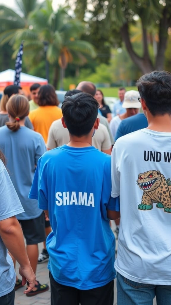 A group of people wearing various shirts, engaged in a community event.