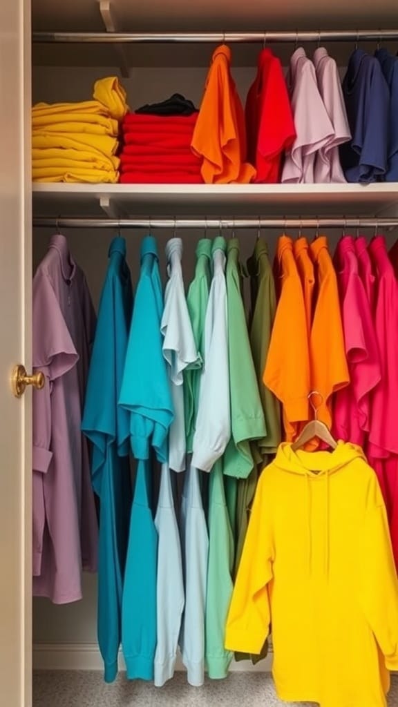 A neatly organized closet with shirts arranged by color, showcasing a variety of vibrant hues.