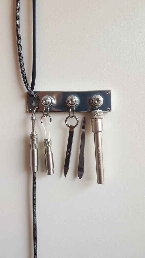 19 Genius Cord and Cable Organization Hacks for a Clutter-Free Space 2 A magnetic strip on a wall holding various tools and a cable.