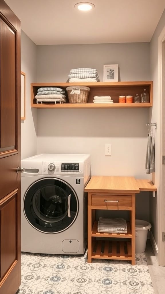 A small laundry room featuring a washing machine, a wooden folding table, and open shelving with neatly arranged towels and supplies.