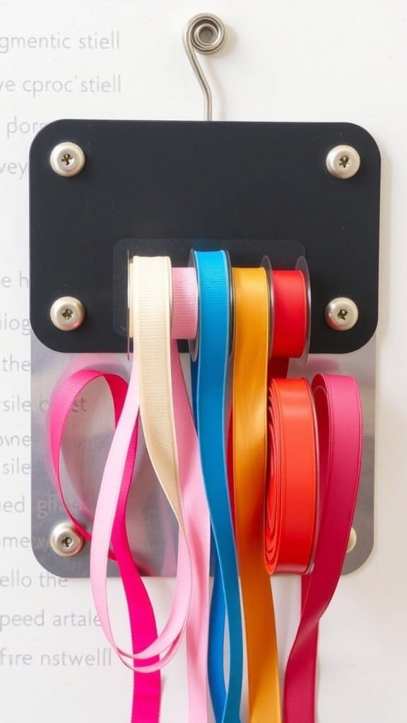 Practical Ribbon Organizing Ideas for a More Organized Craft Space (21 Tips) 21 A magnetic ribbon holder with colorful ribbons organized on a wall.