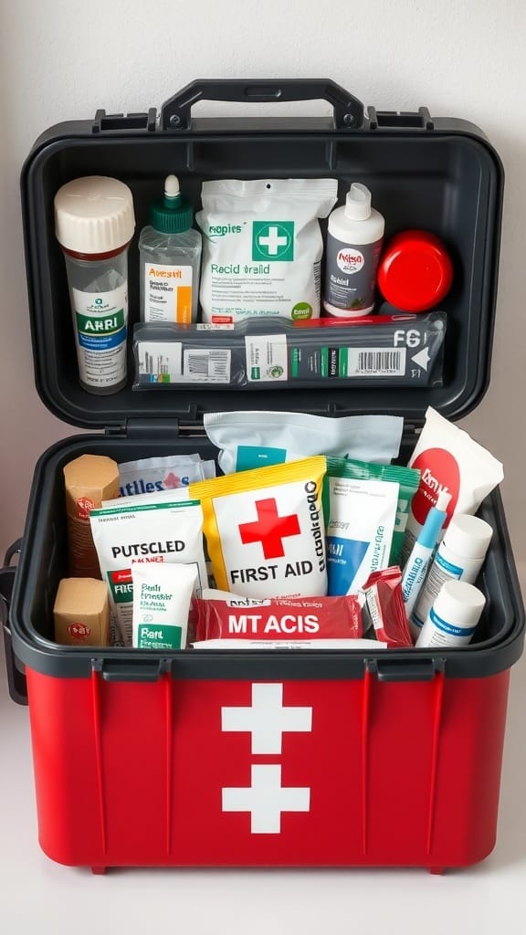 A red first aid caddy filled with various medical supplies, including band-aids, ointments, and antiseptic wipes.