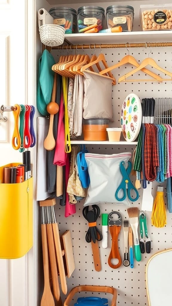 An organized craft supply area with various tools and materials hung on hangers and pegboard.
