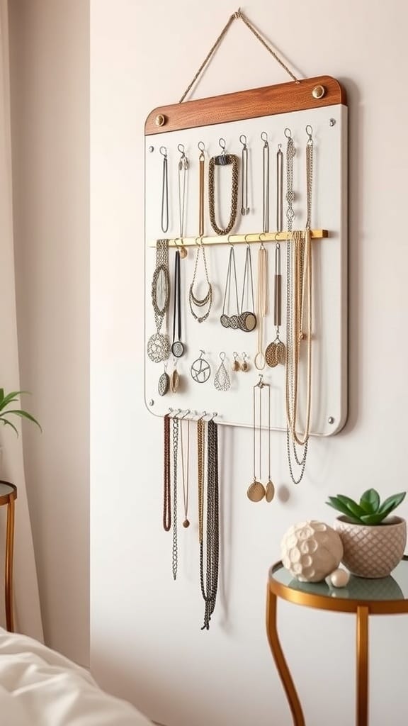 A wall-mounted jewelry organizer with various necklaces and earrings displayed.