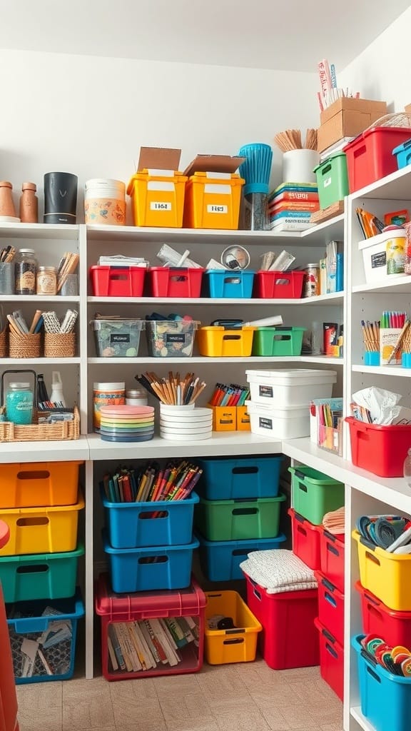 Colorful IKEA containers organized on shelves for craft supplies