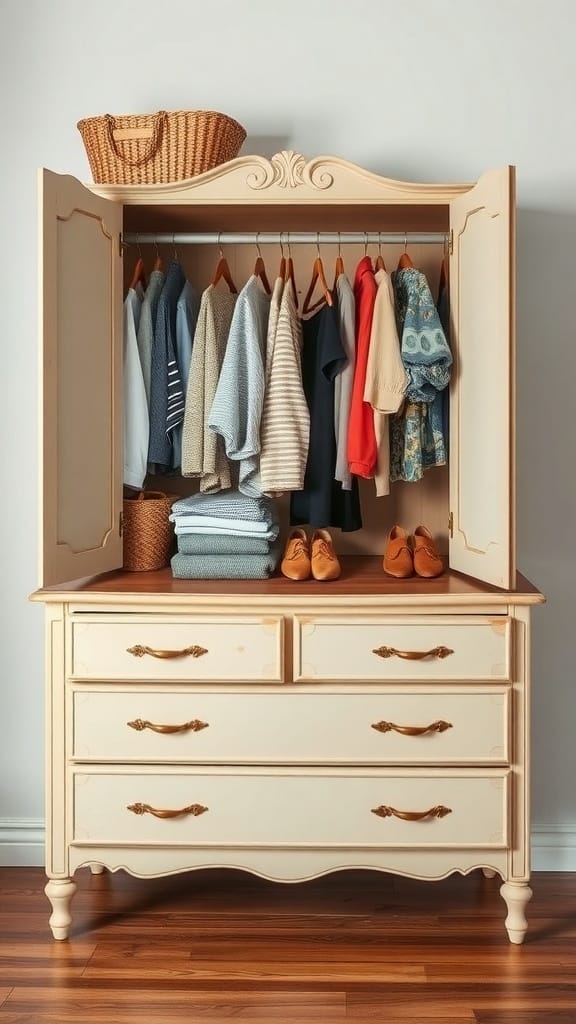 22 Genius Closet Organization Hacks You Need to Try 13 A vintage wardrobe with clothes hanging inside, topped with a woven basket, showcasing an organized closet space.