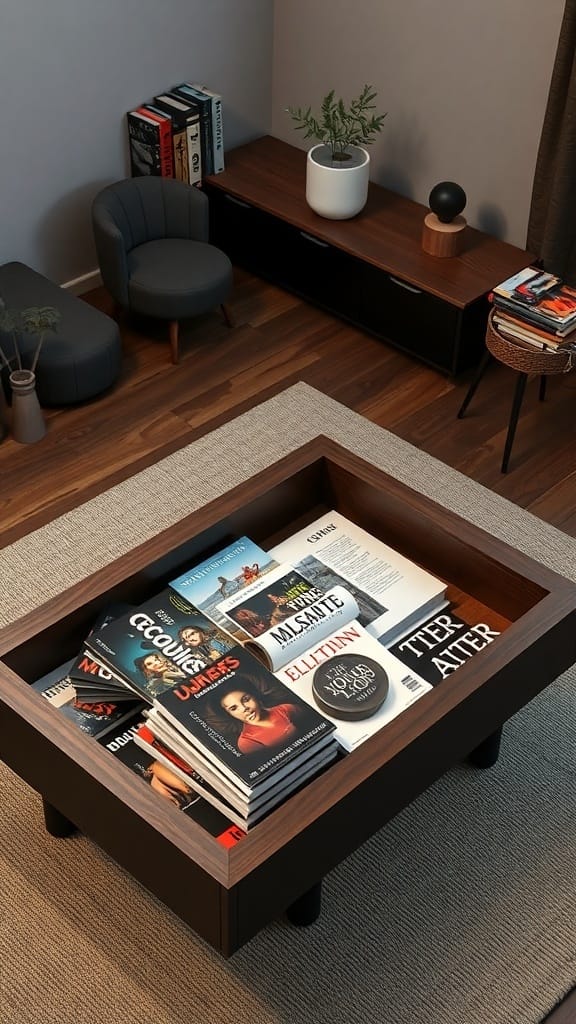 21 Clever Hidden Storage Ideas for a Clutter-Free Home 6 A stylish coffee table with built-in storage, displaying books and magazines.