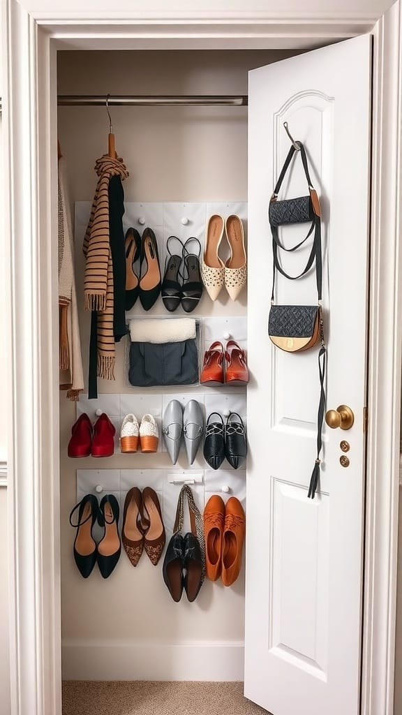 21 Clever Hidden Storage Ideas for a Clutter-Free Home 13 Organized closet door with shoes and bags hanging on it