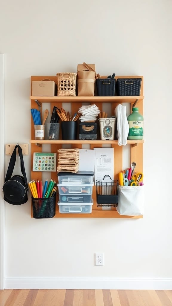 23 Clever and Affordable Organizing on a Budget Tips for a Tidy Home 2 A wooden wall shelf filled with various storage containers, tools, and supplies, showcasing an organized and efficient use of space.