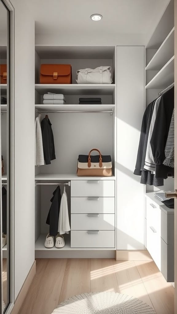 A neatly organized closet with clothes, bags, and storage drawers.