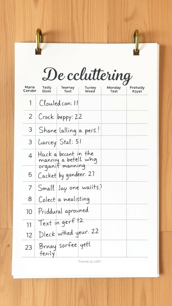 21 Genius Clutter Busting Hacks to Organize Your Home 2 A decluttering chart with various tasks and a tracking system.