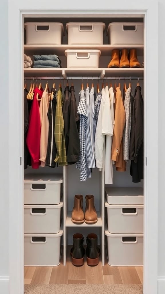Organized closet with clothes, storage bins, and shoes