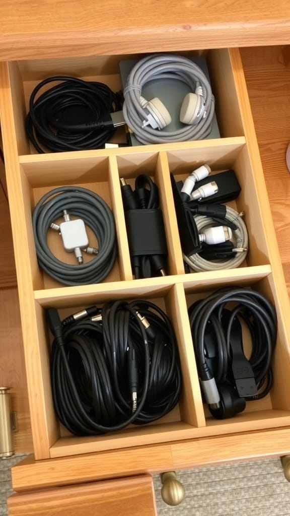 19 Genius Cord and Cable Organization Hacks for a Clutter-Free Space 5 A drawer organizer with various cables neatly separated into compartments.