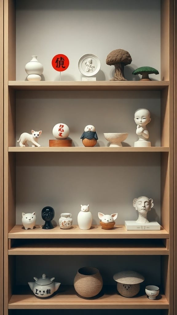 22 Creative Japanese Home Organization Ideas for a Clutter-Free Space 13 A neatly organized shelf displaying various collectibles, including ceramics and figurines, showcasing Japanese home organization style.