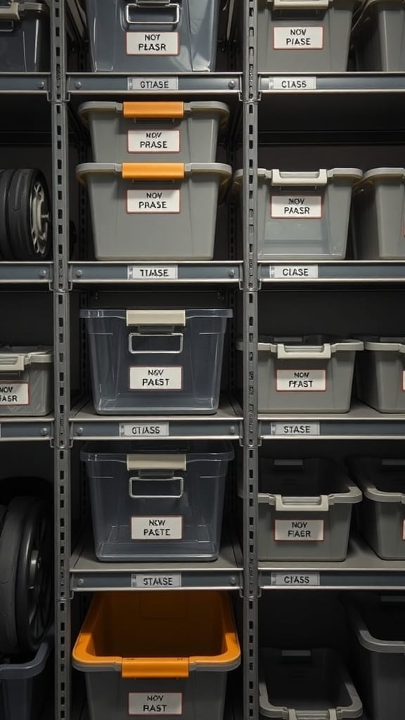 Organized gym storage with labeled bins for easy identification