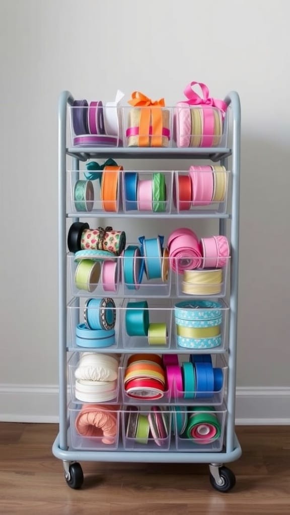 Practical Ribbon Organizing Ideas for a More Organized Craft Space (21 Tips) 16 A craft cart with multiple compartments filled with colorful ribbons.