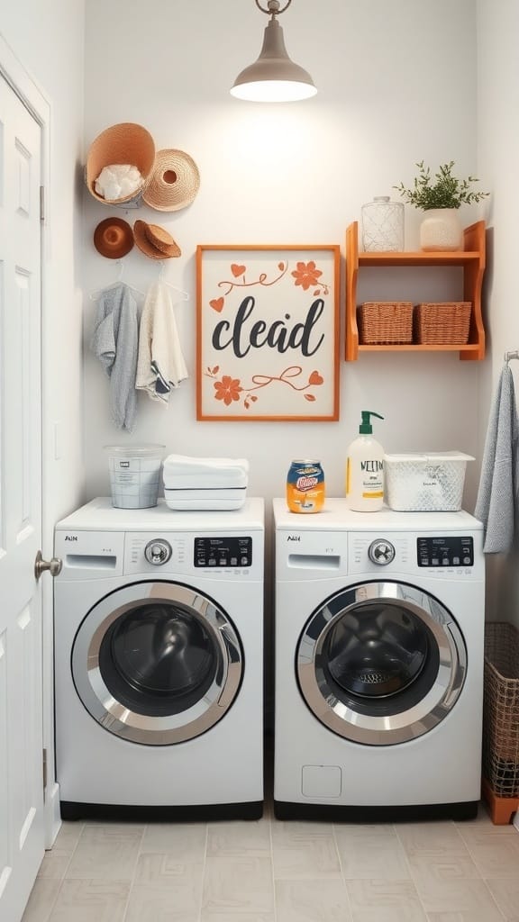 A small laundry room featuring wall art, baskets, and organized shelves.
