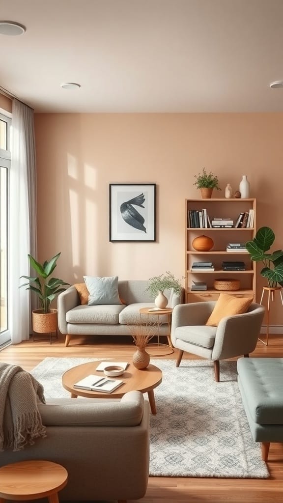 22 Creative Japanese Home Organization Ideas for a Clutter-Free Space 19 A cozy living room with peach walls, gray furniture, and plants, showcasing a harmonious color scheme.