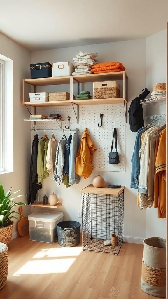 23 Clever and Affordable Organizing on a Budget Tips for a Tidy Home 15 A well-organized room with shelves, hooks, and plants, showcasing effective use of vertical space.